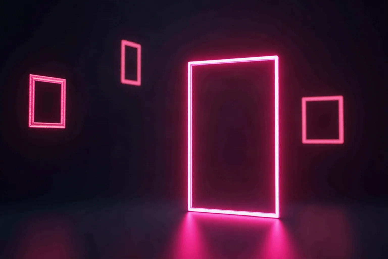 Schwebende Neon-Bilderrahmen in unterschiedlicher Tiefe in einem dunklen Raum - Symbol für KI-Porno-Generatoren