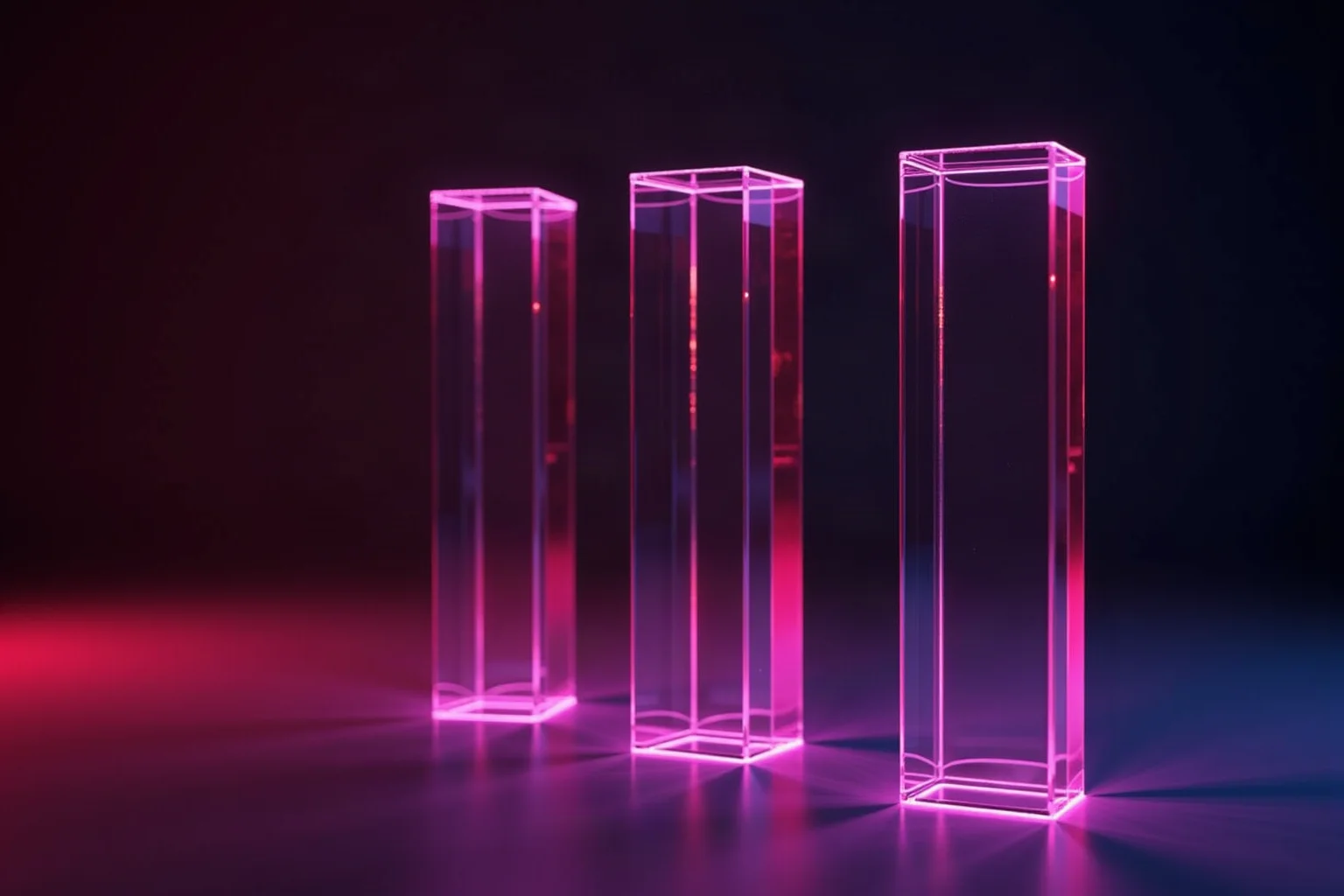 Drei durchsichtige Glasscheiben, durch die magentafarbenes Licht fällt - Symbol für die Filterschichten unzensierter KI