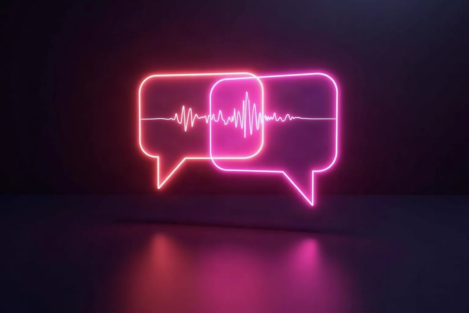 Zwei ineinandergreifende Neon-Sprechblasen mit Audio-Wellenform - Symbol für deutschsprachigen KI Chat mit Voice