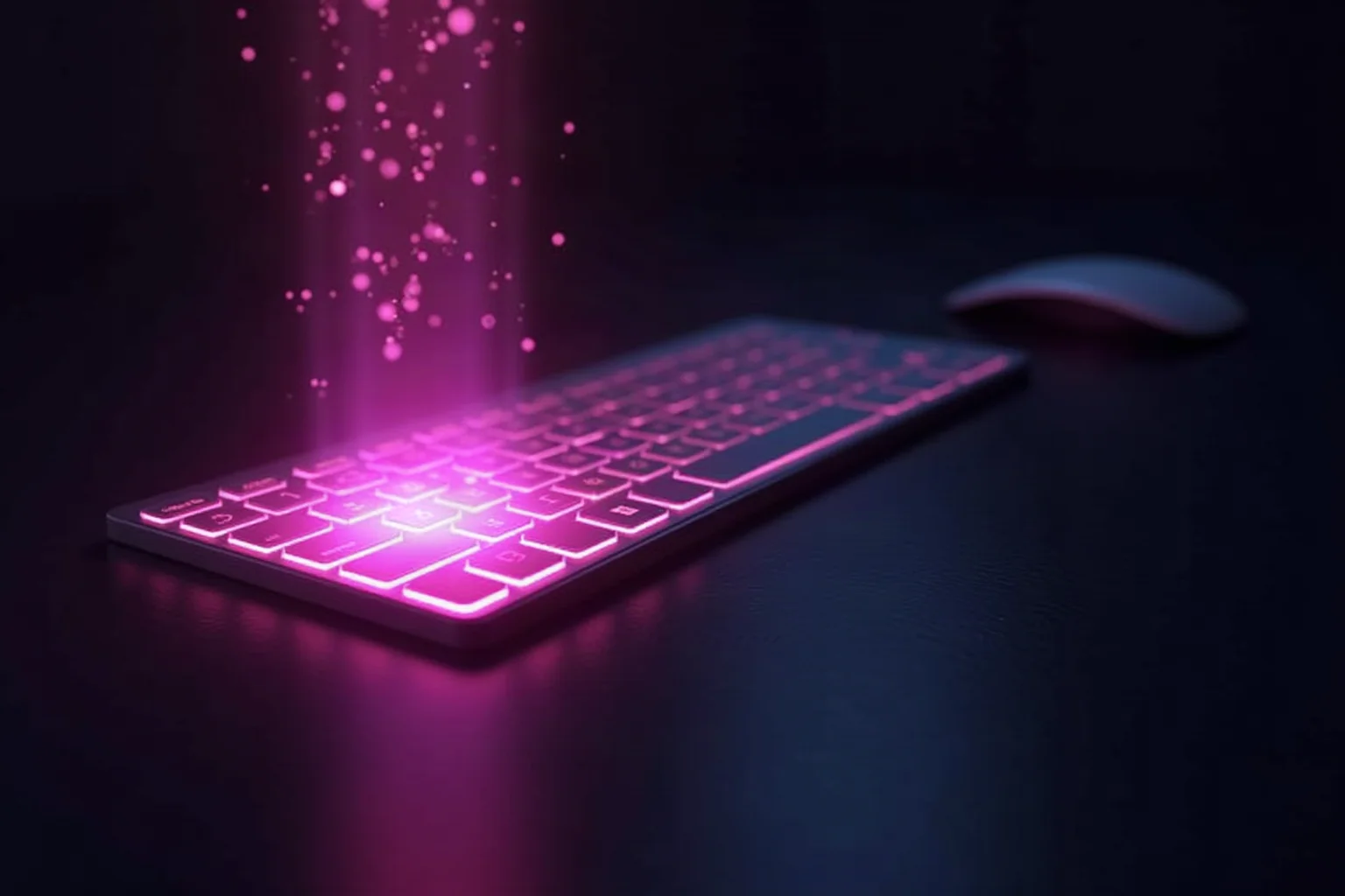 Magenta leuchtende Tastatur, deren Tasten sich nach oben in Lichtpartikel auflösen - Symbol für anonymes Chatten ohne Konto